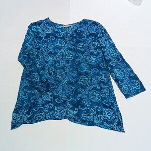 Soft Surroundings Long Sleeve Blue Leafy/Floral Print Scoop V-Neck Tunic, MP